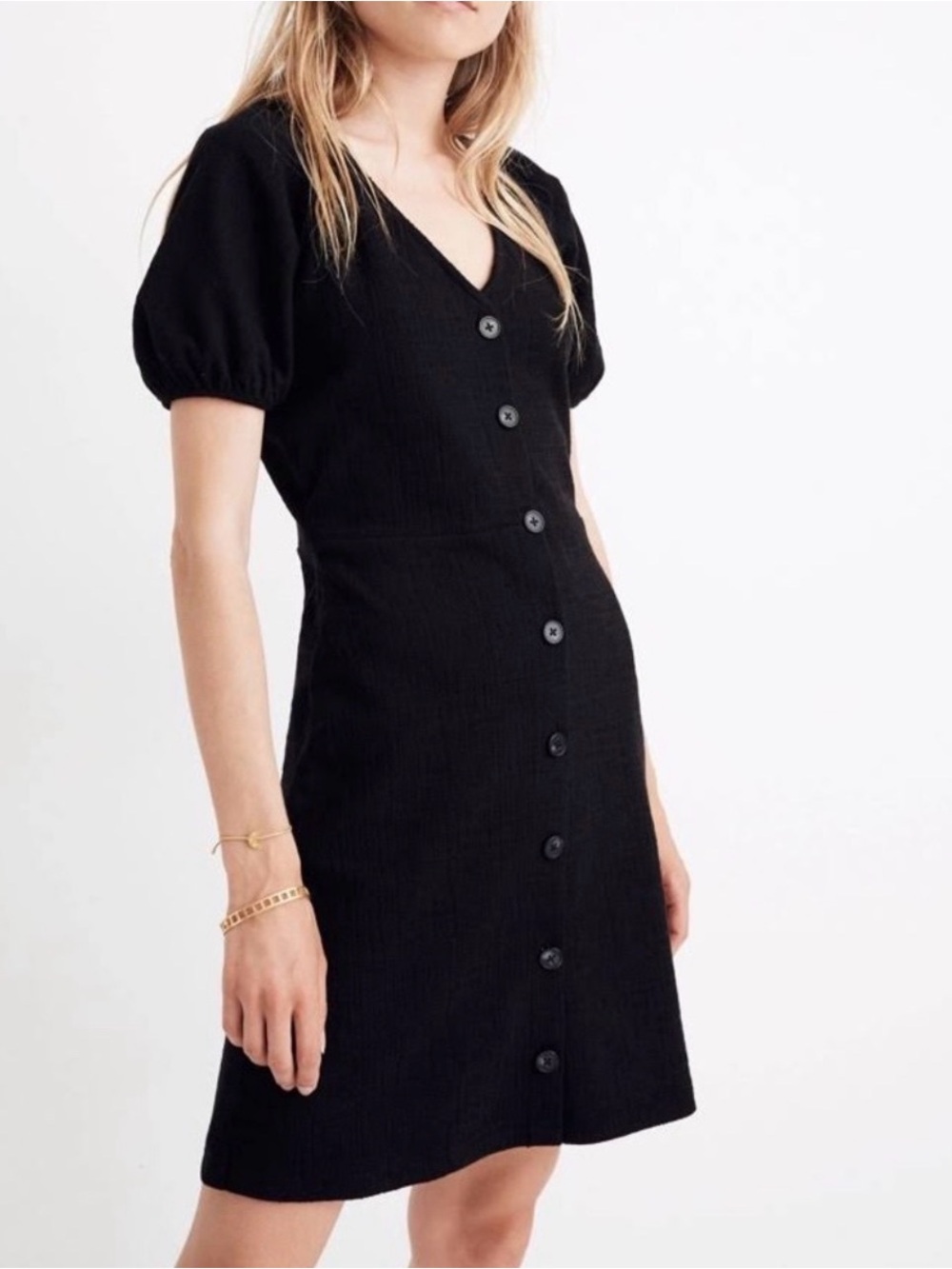 Madewell - NWT Texture Thread Black Puff Short Sleeve Button Down Mini Dress Med